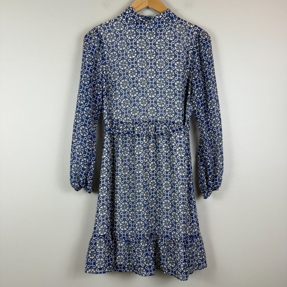 Boden Lottie Shift Mini Dress Women's 2 P Blue White Compass Print Long Sleeve